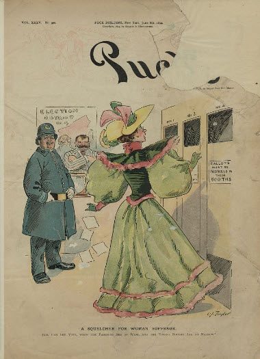 political cartoon of a woman in a big dress and hat submitting a ballot while a police officer in uniform and other men laugh at her